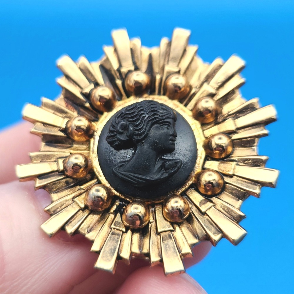 Vintage Coro Gold Tone Sunburst Black Cameo Brooch Pin Signed Mid Century